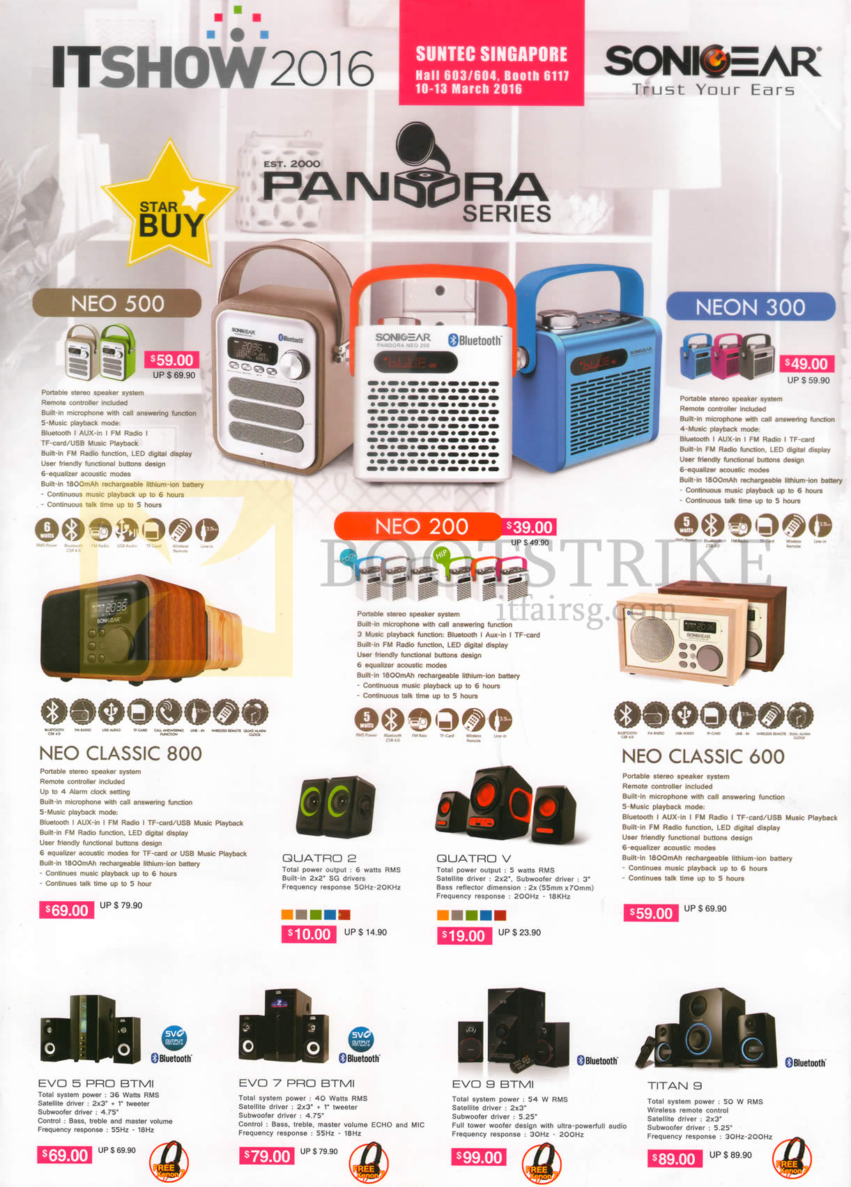 IT SHOW 2016 price list image brochure of Sonicgear Speakers Pandora Series Neo 500, 200, Neon 300, Neo Classic 800, 600, Evo 5 Pro BTMI, 7 Pro, 9 BTMI, Titan 9