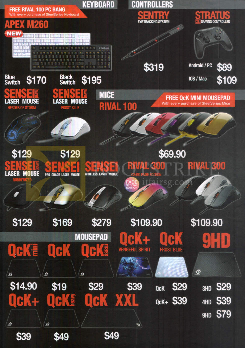 IT SHOW 2016 price list image brochure of Steelseries Mouse, Keyboard, Eye Tracking System, Gaming Controller, Mousepad, QCK, Mini, Mass, Frost Blue, 9HD, Sensei Raw Laser Mouse, Rival 100