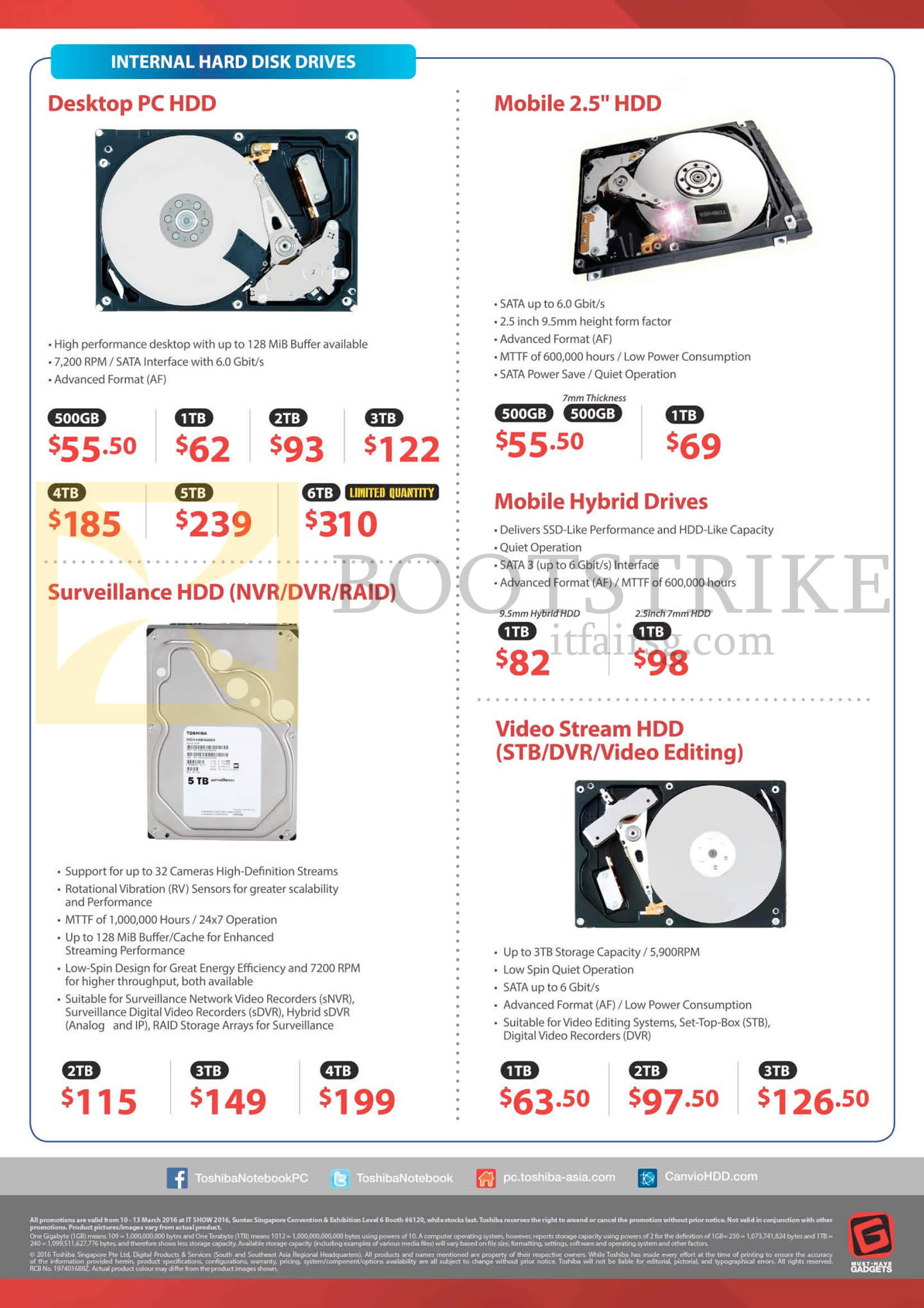IT SHOW 2016 price list image brochure of Toshiba Desktop PC HDD, Mobile 2.5 HDD, Surveillance HDD, Video Stream HDD