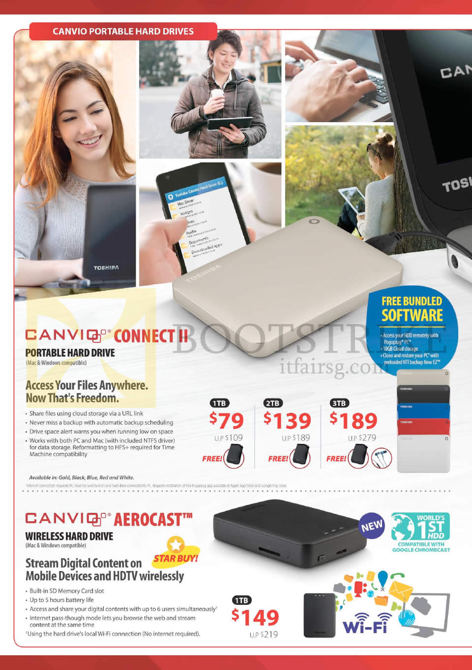 IT SHOW 2016 price list image brochure of Toshiba Portable Hard Drives Canvio Connect II Portable Hard Drive, Aerocast Wireless Hard Drive, 1TB 2TB 3TB