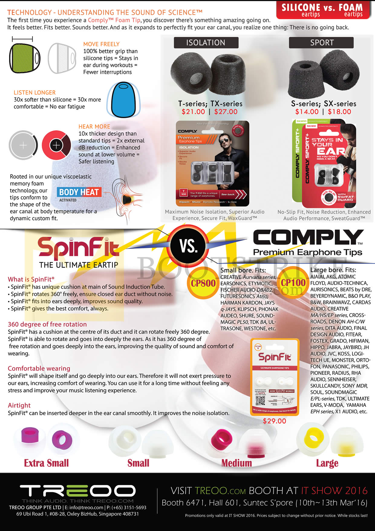IT SHOW 2016 price list image brochure of Treoo Earphones Spinfit Vs Comply, Silicone Vs Foam