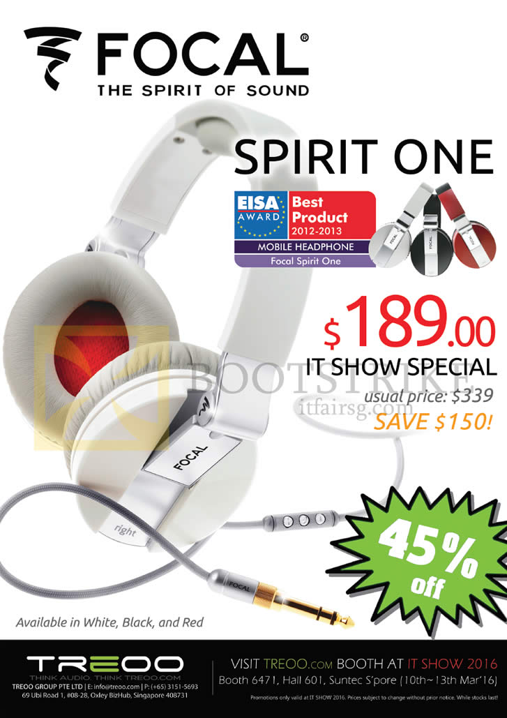 IT SHOW 2016 price list image brochure of Treoo Headphones Focal Spirit One Headphones