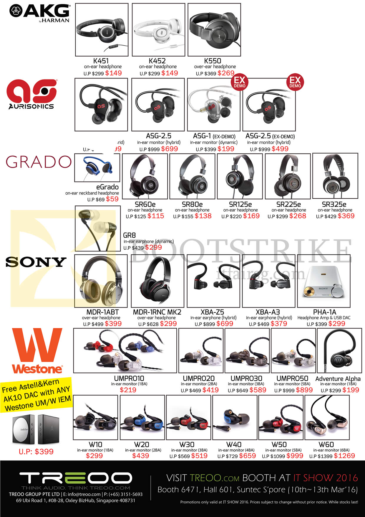 IT SHOW 2016 price list image brochure of Treoo Headphones, Earphones, AKG, Aurosonics, Grado, Sony, Westone, K451, K452, ASG-2.5, 1, EGrado, SR60e, 80e, MDR-1ABT, 1RNC MK2, UMPRO10