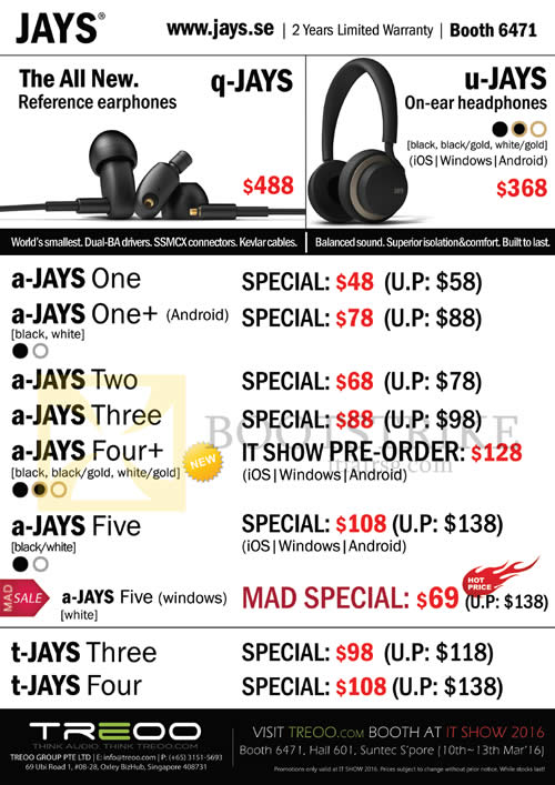 IT SHOW 2016 price list image brochure of Treoo Headphones, Earphones, Q-Jays, U-Jays, A-Jays One, Plus, Two, Three, Four Plus, Five, T-Jays Three, Four