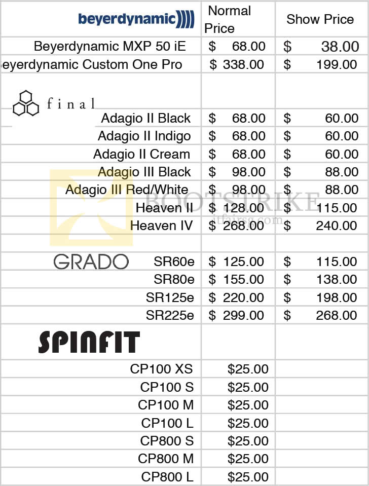 IT SHOW 2016 price list image brochure of Treoo Price List Beyerdynamic, Final Adagio, Grado, Spinfit