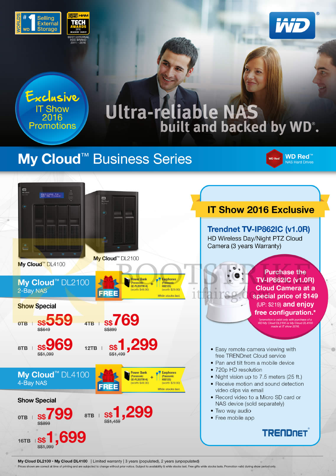 IT SHOW 2016 price list image brochure of Western Digital WD My Cloud Business Series DL2100 2-Bay NAS, DL4100 4-Bay NAS, Trendnet TV-IP8621C