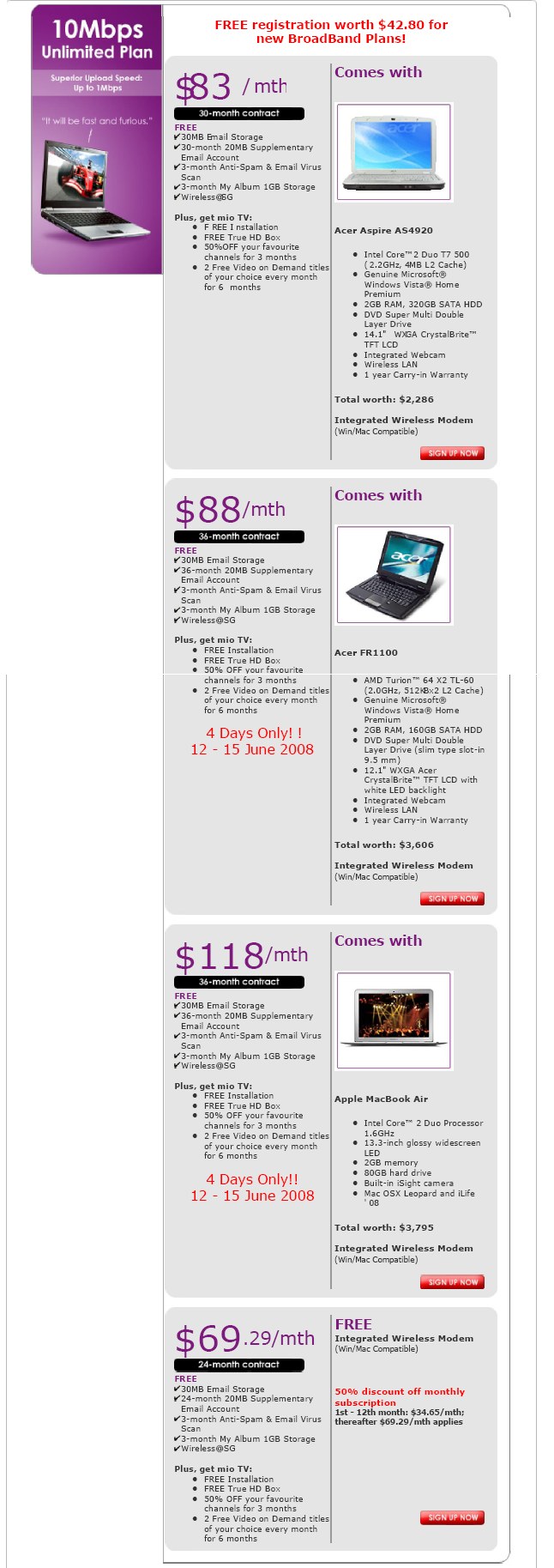 PC Show 2008 price list image brochure of Singnet Broadband 10