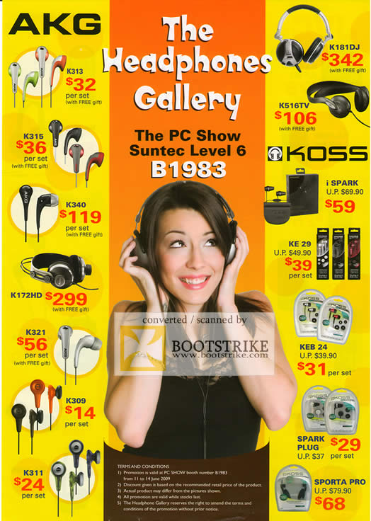PC Show 2009 price list image brochure of AKG Headphones Earphones Koss Sporta Spark