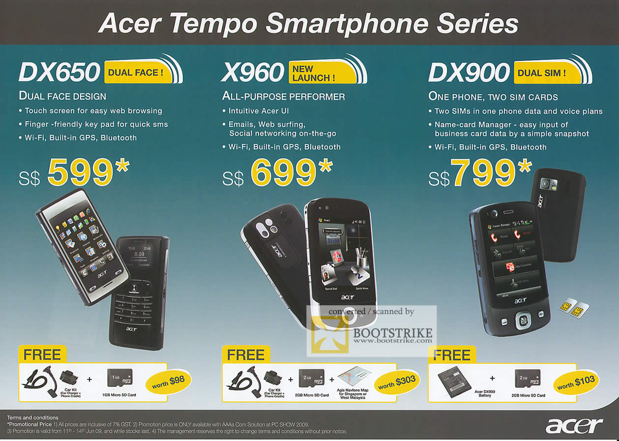 PC Show 2009 price list image brochure of Acer Tempo Smartphone DX650 X960 DX900