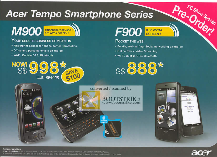 PC Show 2009 price list image brochure of Acer Tempo Smartphone M900 F900