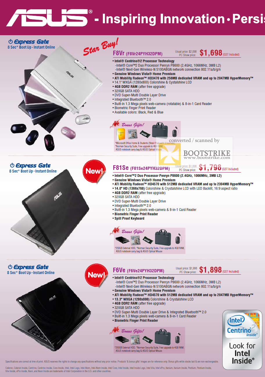 PC Show 2009 price list image brochure of Asus F8Vr F81Se F6Ve Notebooks