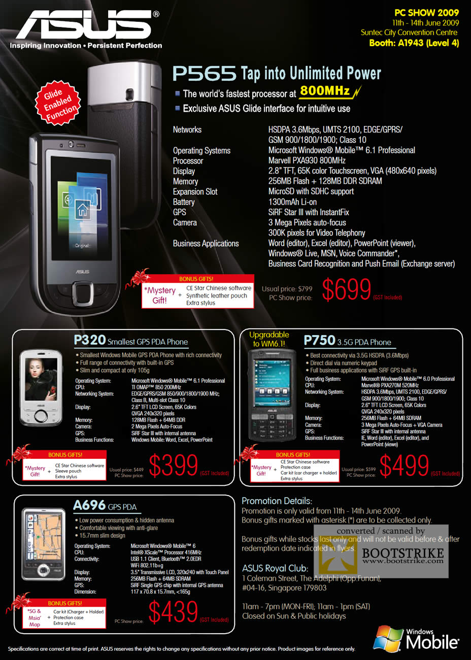 PC Show 2009 price list image brochure of Asus GPS PDA Phones P565 P320 P750 A696