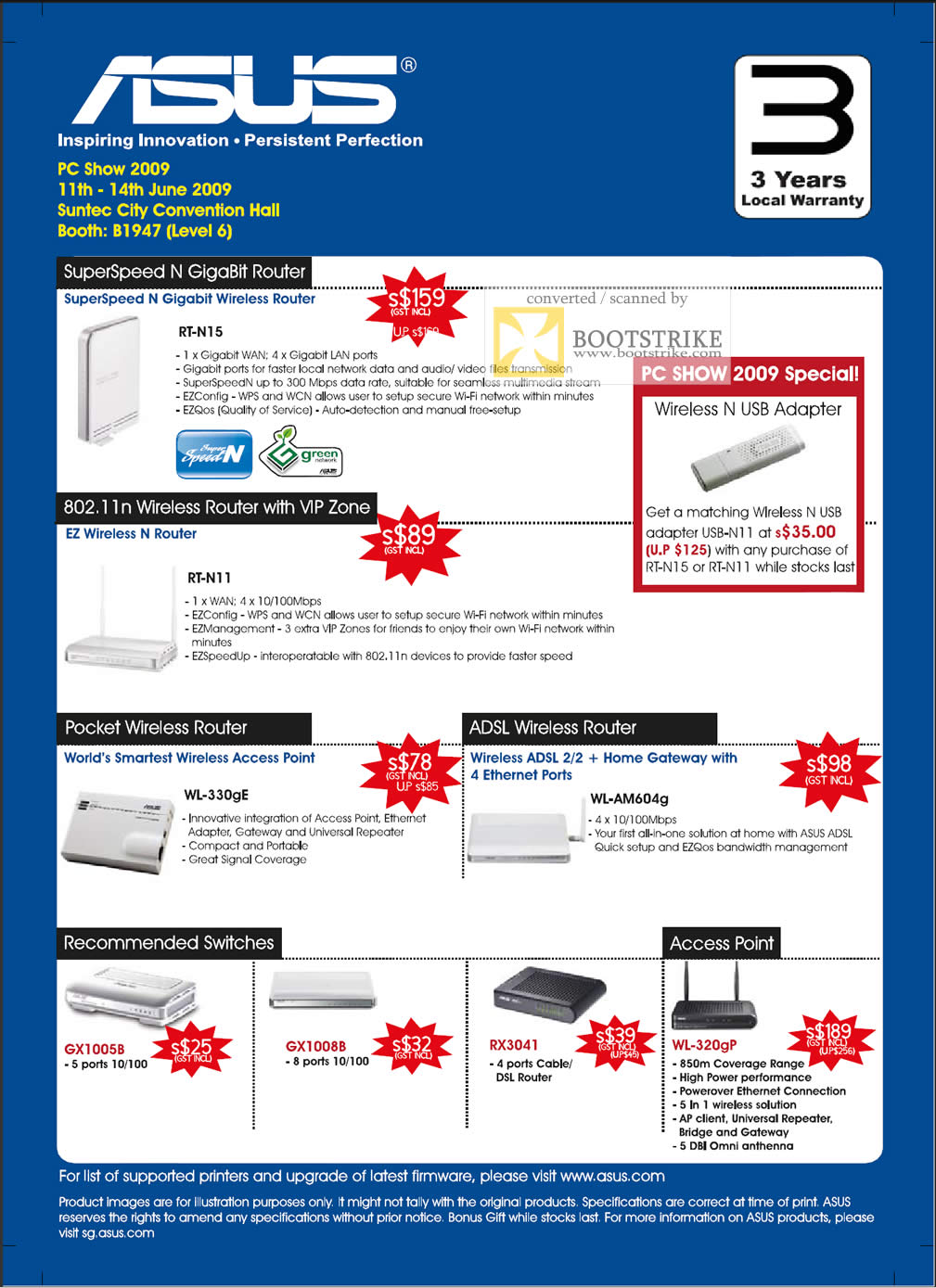 PC Show 2009 price list image brochure of Asus SuperSpeed N Gigabit Wireless ADSL Router Switches Access Point