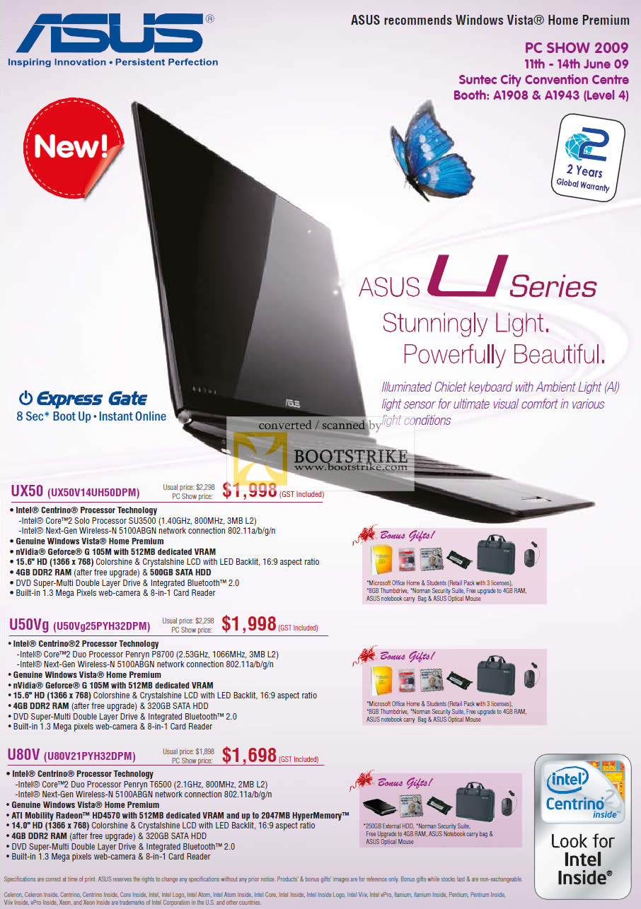 PC Show 2009 price list image brochure of Asus UX50 U50Vg U80V Notebooks