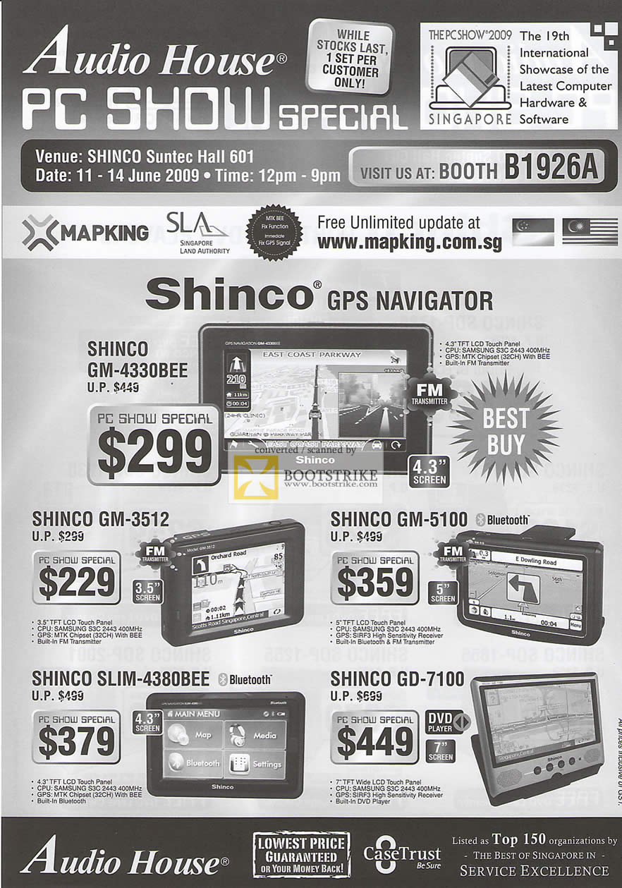 PC Show 2009 price list image brochure of Audio House Shinco GPS Navigator Mapking SLA