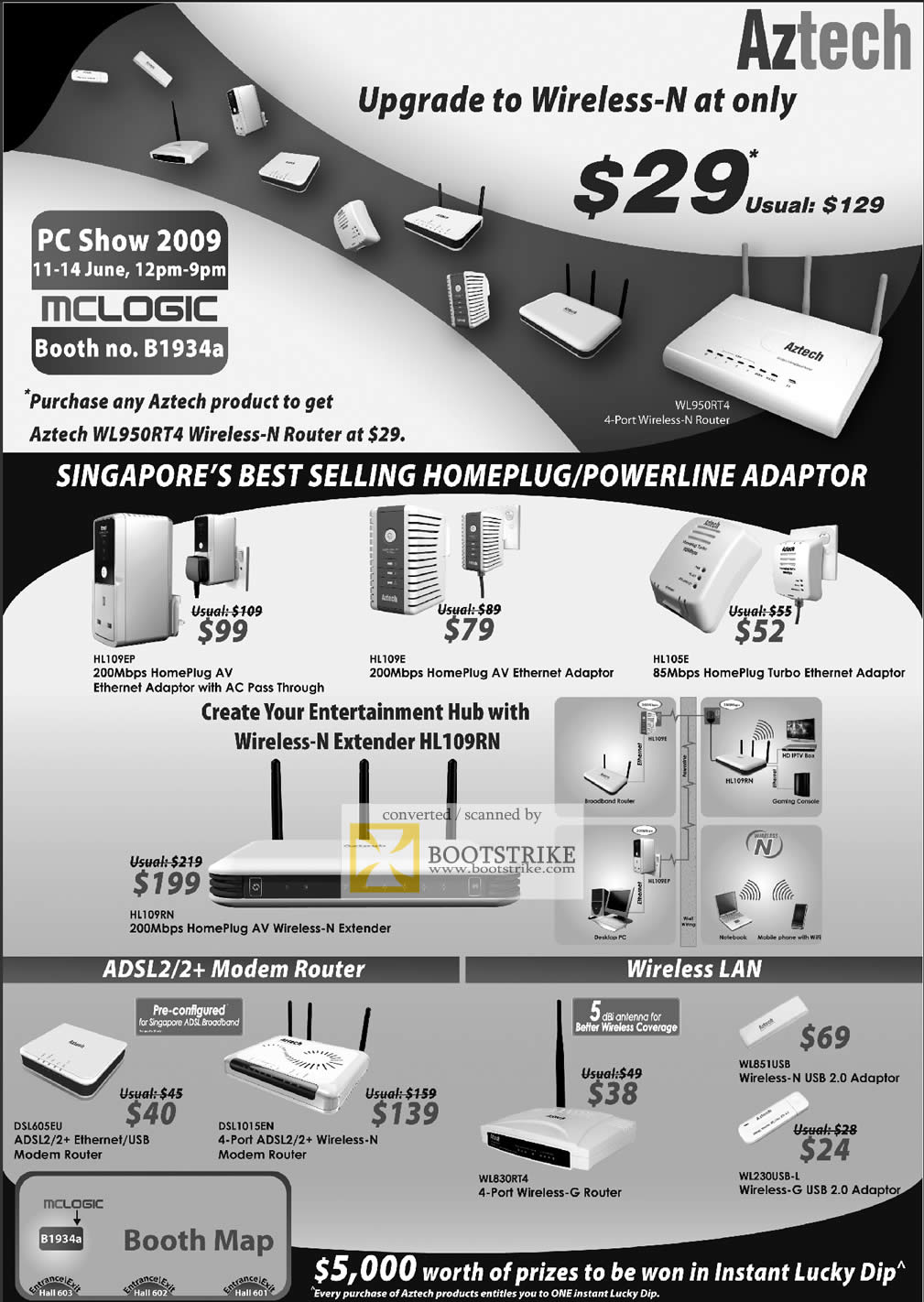 PC Show 2009 price list image brochure of Aztech HomePlug Ethernet Adapter Wireless N Extender Router ADSL