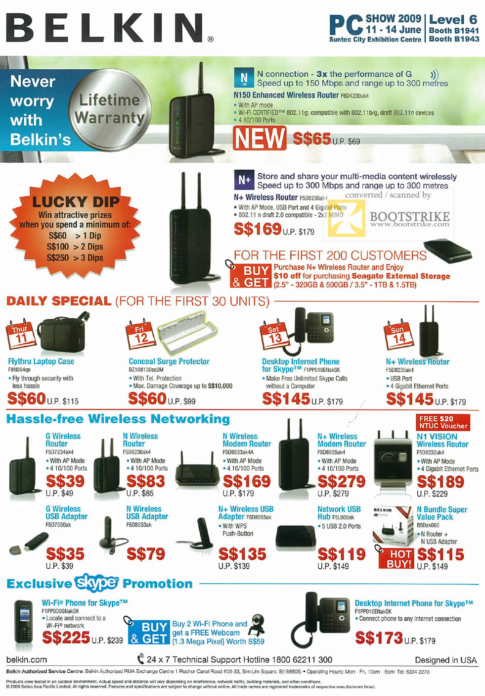 PC Show 2009 price list image brochure of Belkin N Wireless Router Laptop Case Surge Protector Skype Phone