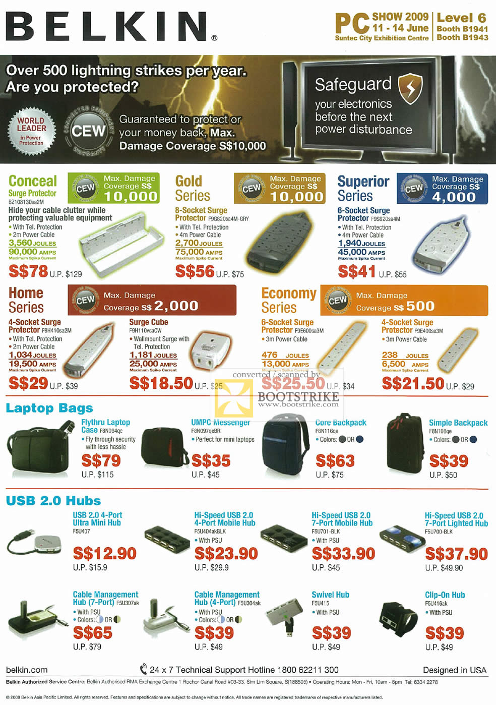 PC Show 2009 price list image brochure of Belkin Surge Protector Gold Superior Home Bags USB Hubs
