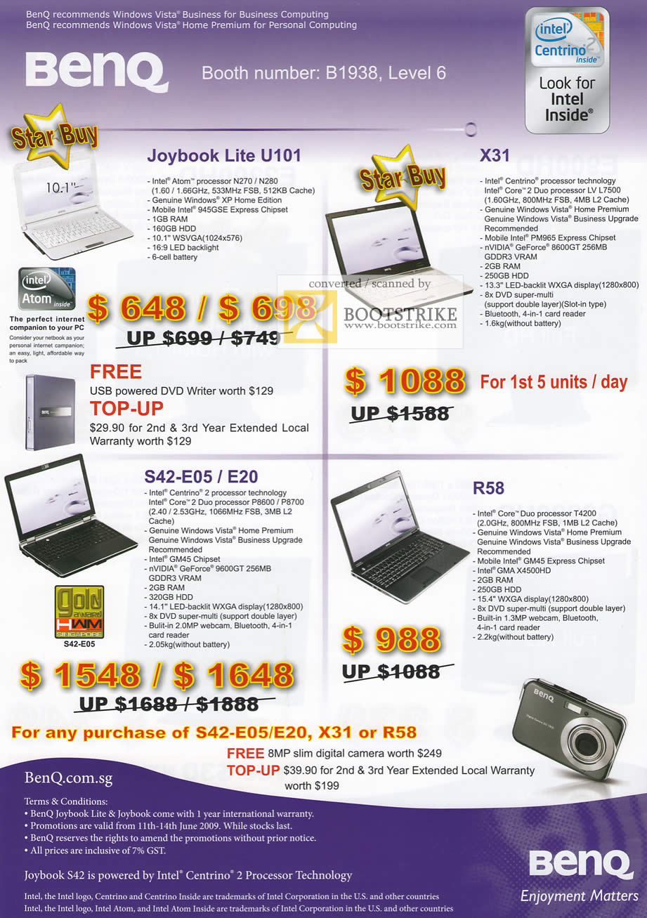 PC Show 2009 price list image brochure of Benq Notebooks Netbooks Joybook Lite U101 X31 S42 R58