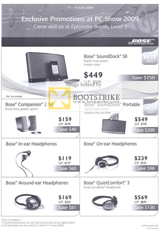 PC Show 2009 price list image brochure of Bose Epicentre Companion SoundDock QuietComfort Headphones Speakers