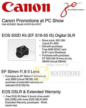 PC Show 2009 price list image brochure of Canon EOS 500D EF 50mm DSLR Promotion
