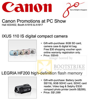 PC Show 2009 price list image brochure of Canon Ixus 110 IS Legria HF200 Promotion