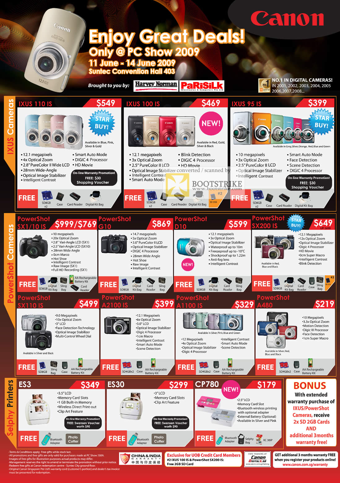 PC Show 2009 price list image brochure of Canon Ixus Cameras Powershot Selphy Printers