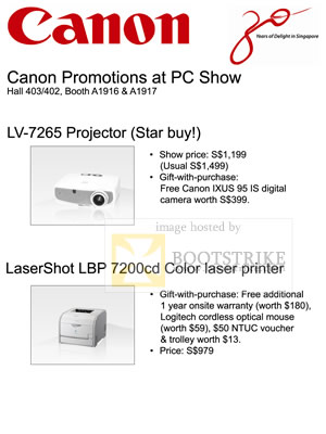 PC Show 2009 price list image brochure of Canon LV-7265 Projector LaserShot LBP 7200cd Printer Promotion