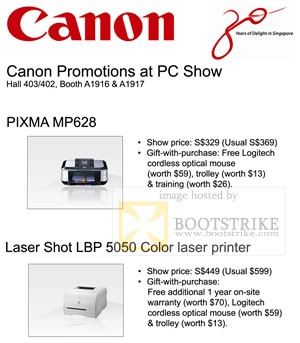 PC Show 2009 price list image brochure of Canon Pixma MP628 Laser Shot LBP 5050 Color Printer Promotion