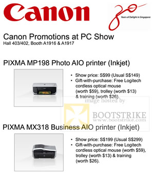 PC Show 2009 price list image brochure of Canon Pixma Photo MP198 BusinessMX318 AIO Inkjet Printer Promotion