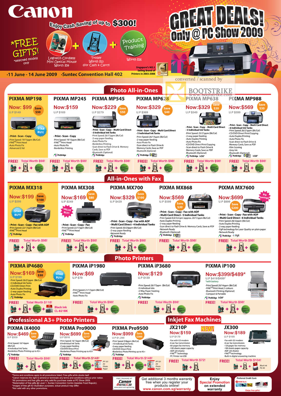 PC Show 2009 price list image brochure of Canon Printers Photo All In Ones Pixma Inkjet Professional Fax