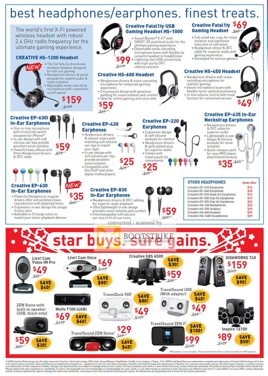 PC Show 2009 price list image brochure of Creative Headphones Earphones Headset Live Cam Muvo Speakers