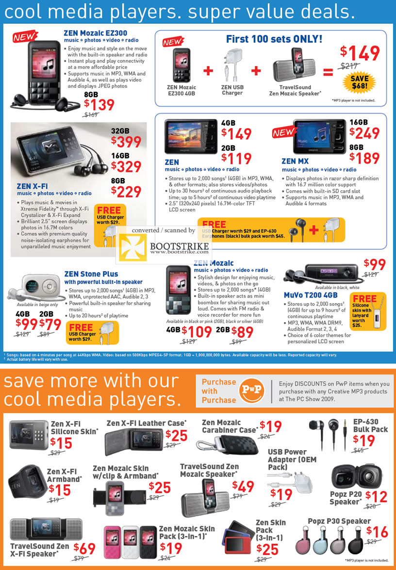PC Show 2009 price list image brochure of Creative Media Players Zen Mozaic TravelSound
