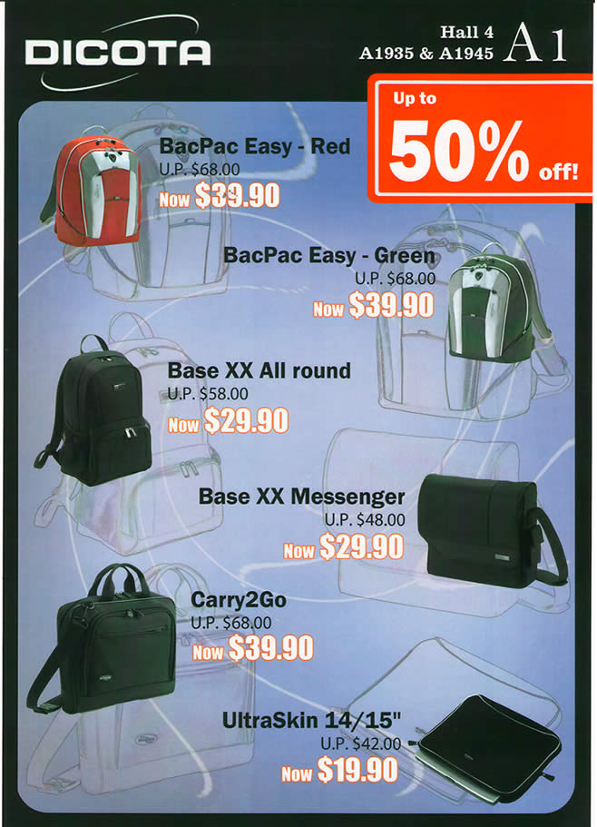 PC Show 2009 price list image brochure of Dicota BacPac Base XX Carry2Go UltraSkin Bags