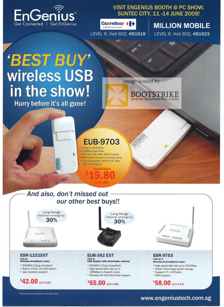 PC Show 2009 price list image brochure of EnGenius Wireless USB EUB 9703 ESR 1221EXT 9753 Router Adapter N
