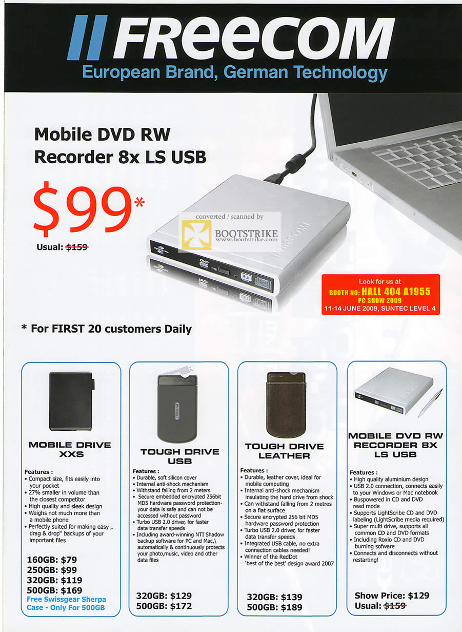 PC Show 2009 price list image brochure of Freecom Mobile DVD RW Recorder Drive