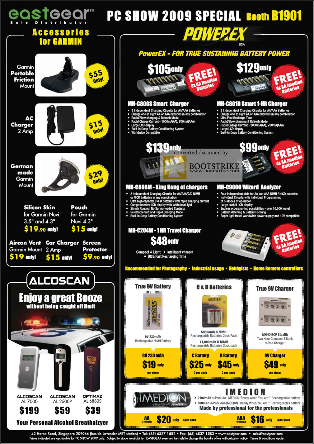 PC Show 2009 price list image brochure of Garmin Accessories EastGear Powerex AlcoScan Batteries