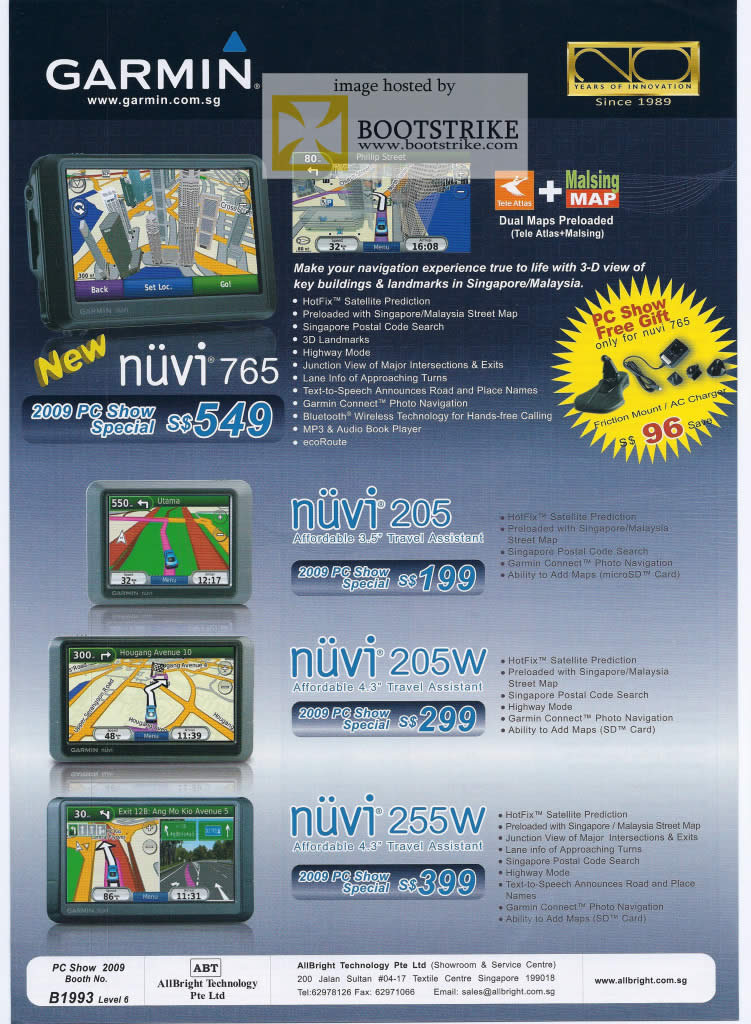 PC Show 2009 price list image brochure of Garmin Navicom Nuvi 765 255W 205W 205 Malsing Map 2