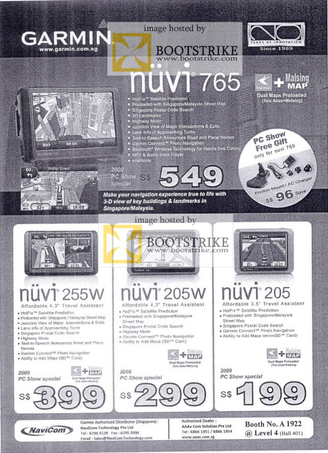 PC Show 2009 price list image brochure of Garmin Navicom Nuvi 765 255W 205W 205 Malsing Map