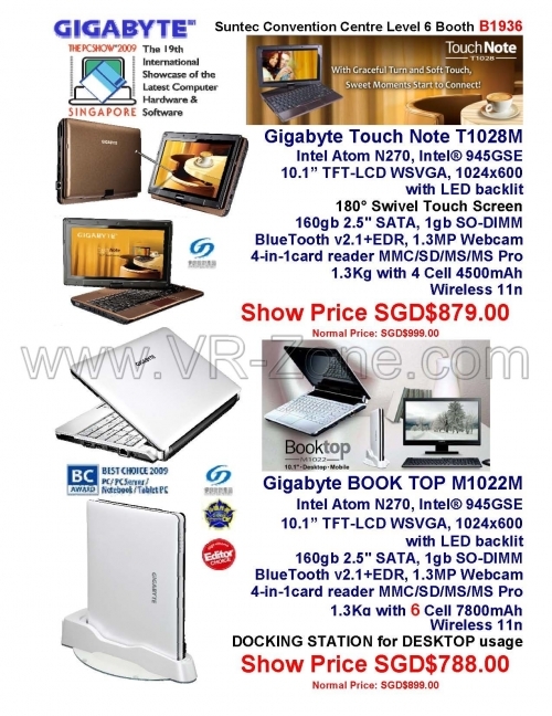 PC Show 2009 price list image brochure of Gigabyte Touch Note T1028M Book Top Docking Station M1022M