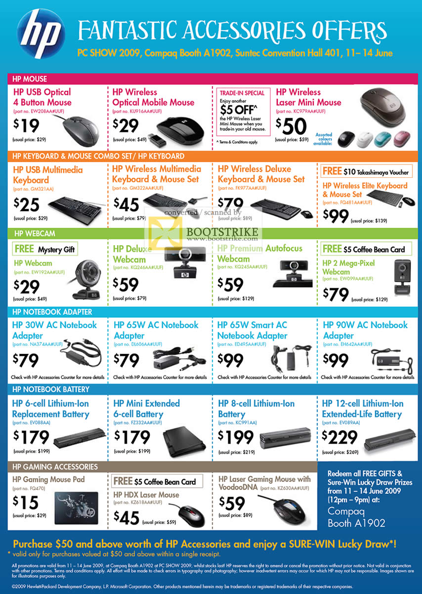 PC Show 2009 price list image brochure of HP Mouse Keyboard Webcam Notebook Adapter Battery Gaming Accessories