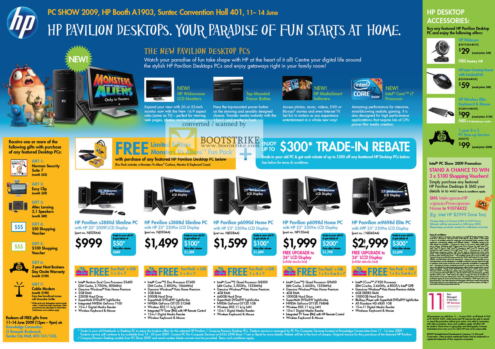 PC Show 2009 price list image brochure of HP Pavilion Desktops S3880d Slimline S3888d P6090d P6098d M9698d Elite