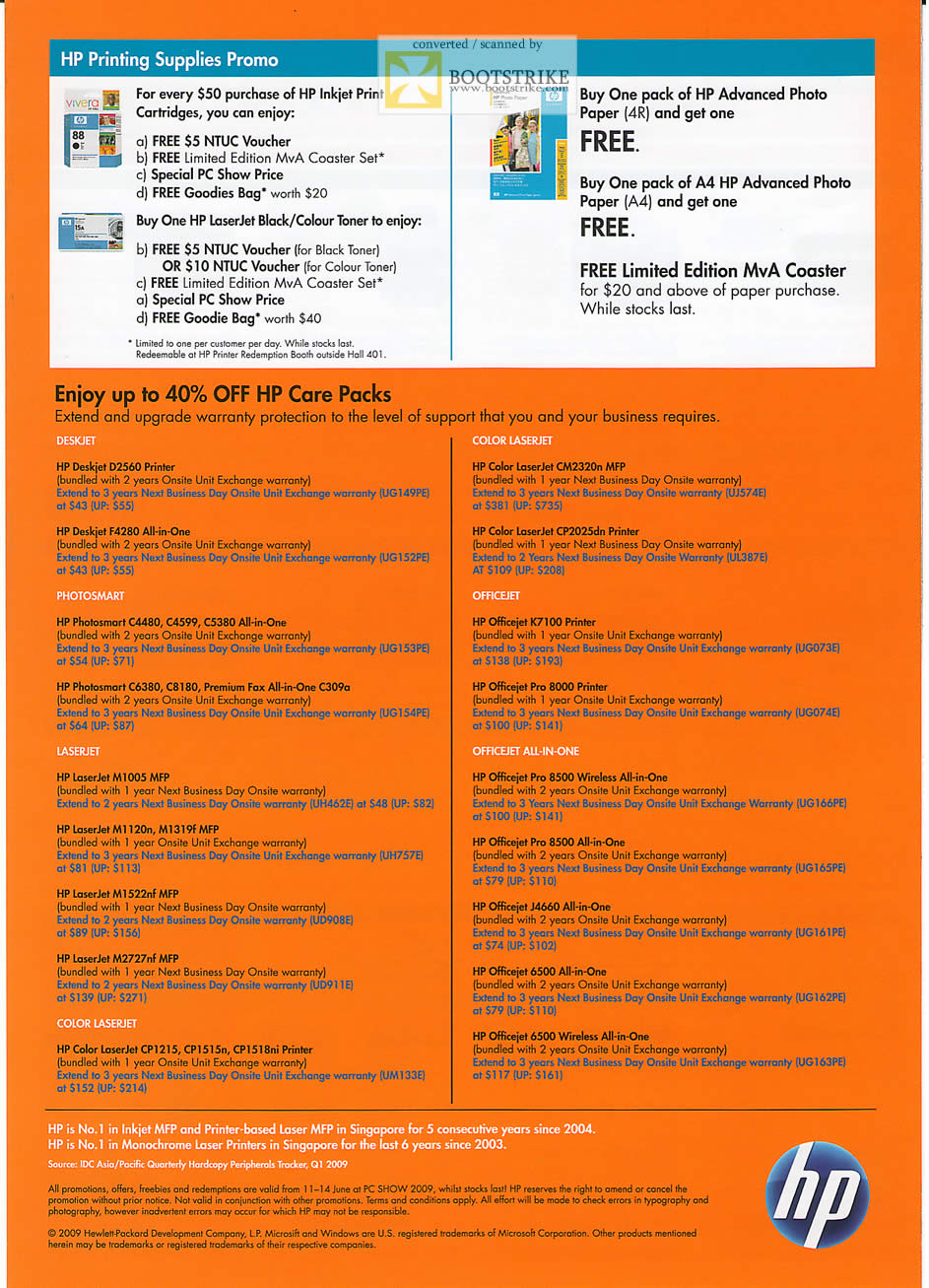 PC Show 2009 price list image brochure of HP Printing Supplies Warranty Extend