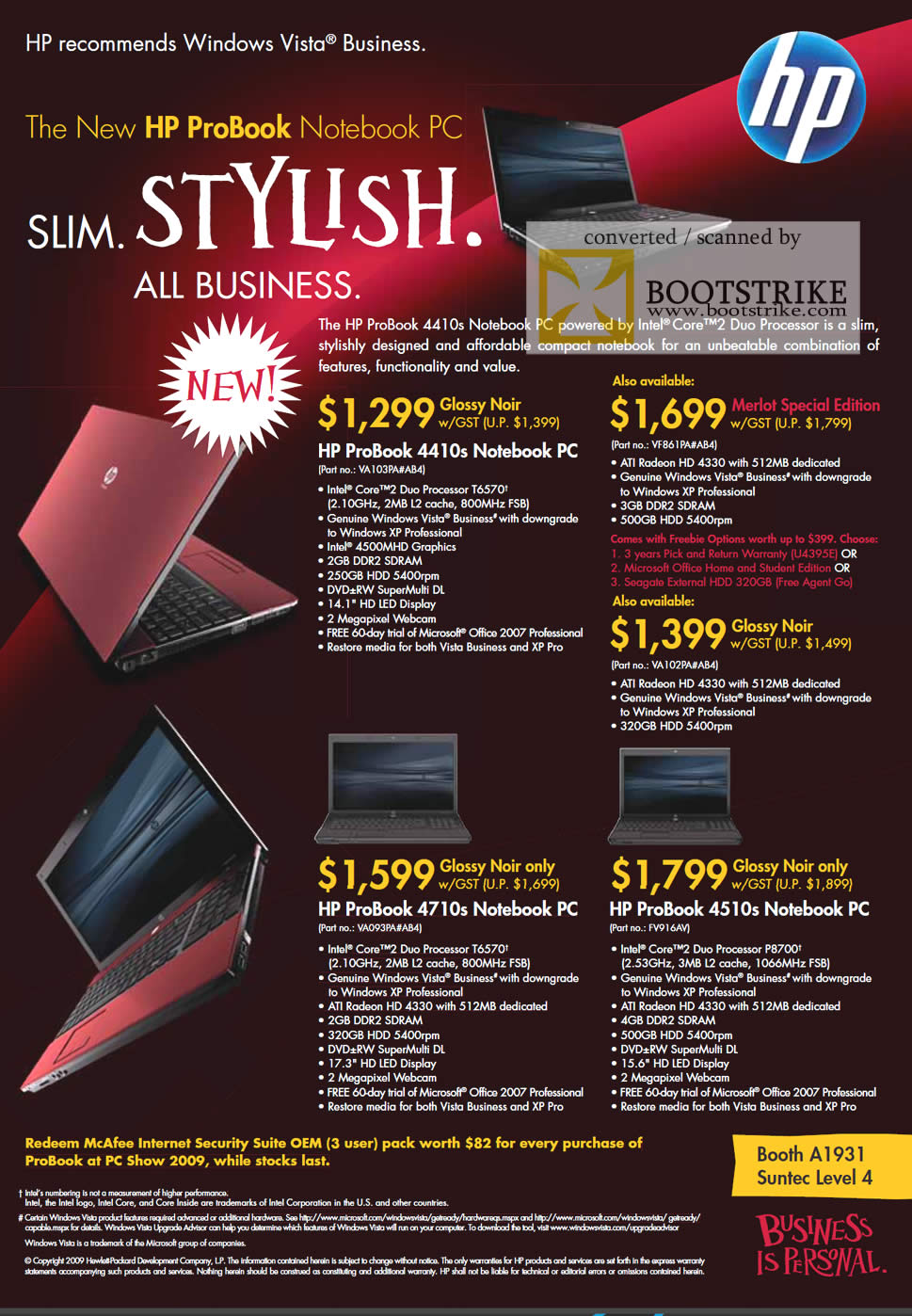 PC Show 2009 price list image brochure of HP ProBook Business 4410s 4710s 4510s