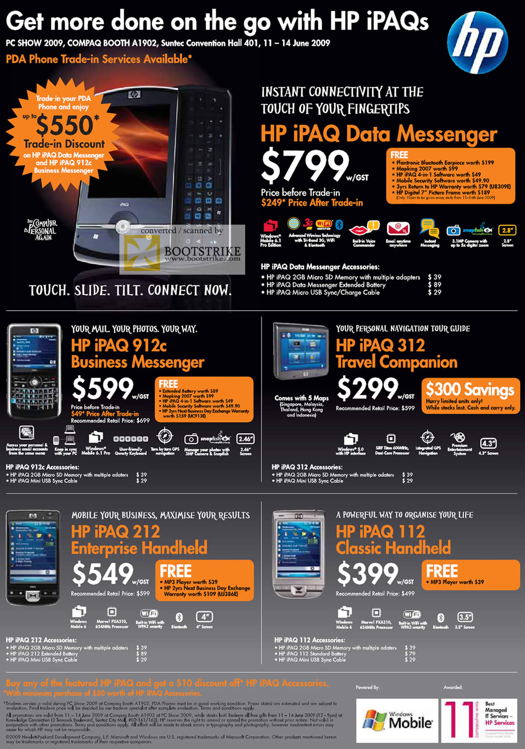 PC Show 2009 price list image brochure of HP IPAQ Data Messenger 912c 312 212 113 Handheld Companion