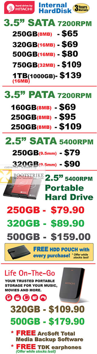 PC Show 2009 price list image brochure of Hitachi Internal External Hard Disk SATA PATA Portable Drive