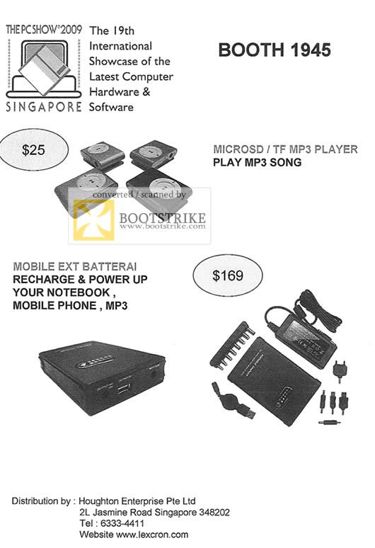 PC Show 2009 price list image brochure of Houghton Enterprise MicroSD Mp3 Player Mobile External Battery