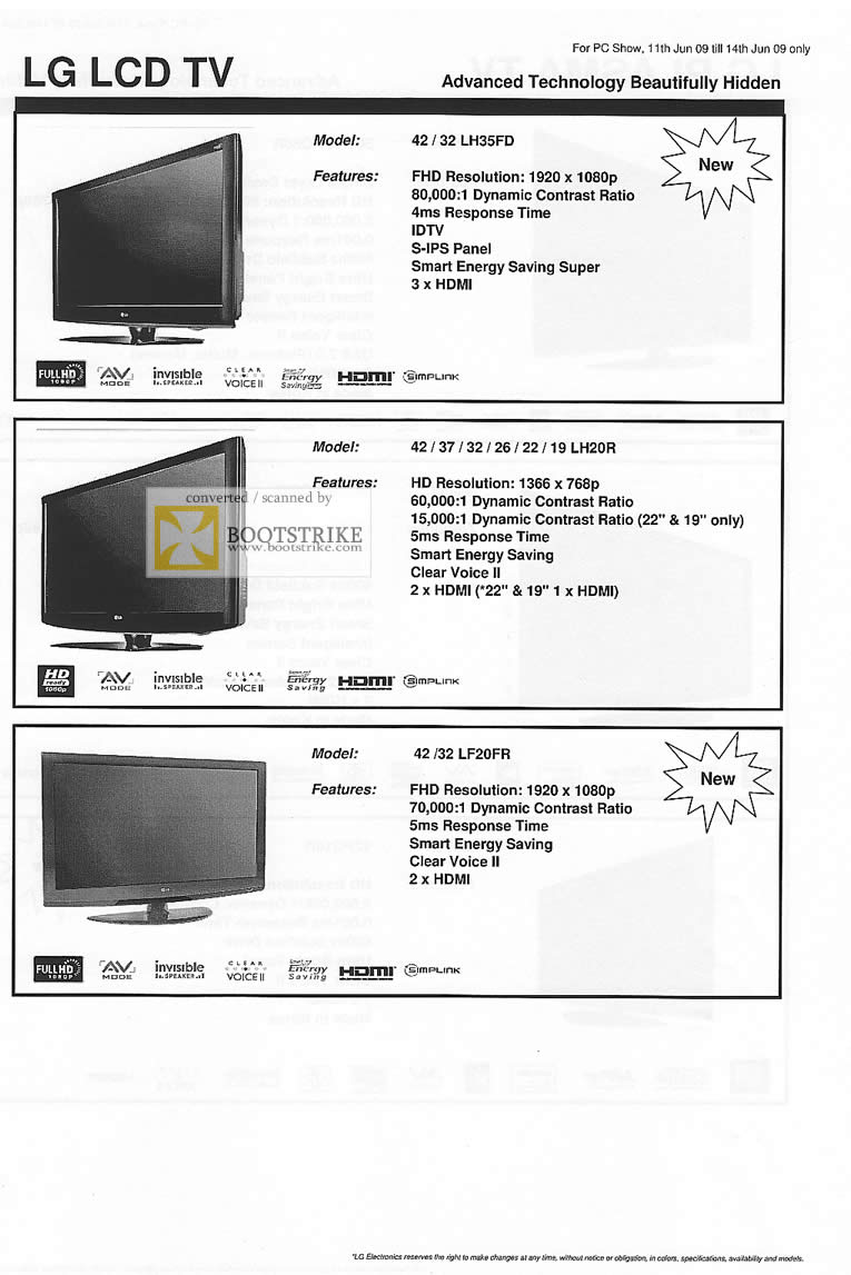 PC Show 2009 price list image brochure of LG LCD TV LH35FD LH20R LF20FR