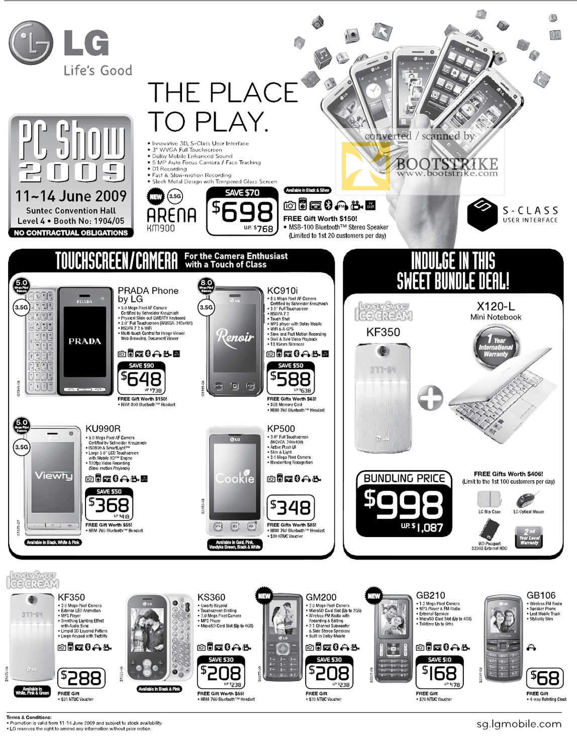 PC Show 2009 price list image brochure of LG Mobile Phones Prada KC910i KU990R KP500 KF350 Notebook X120-L