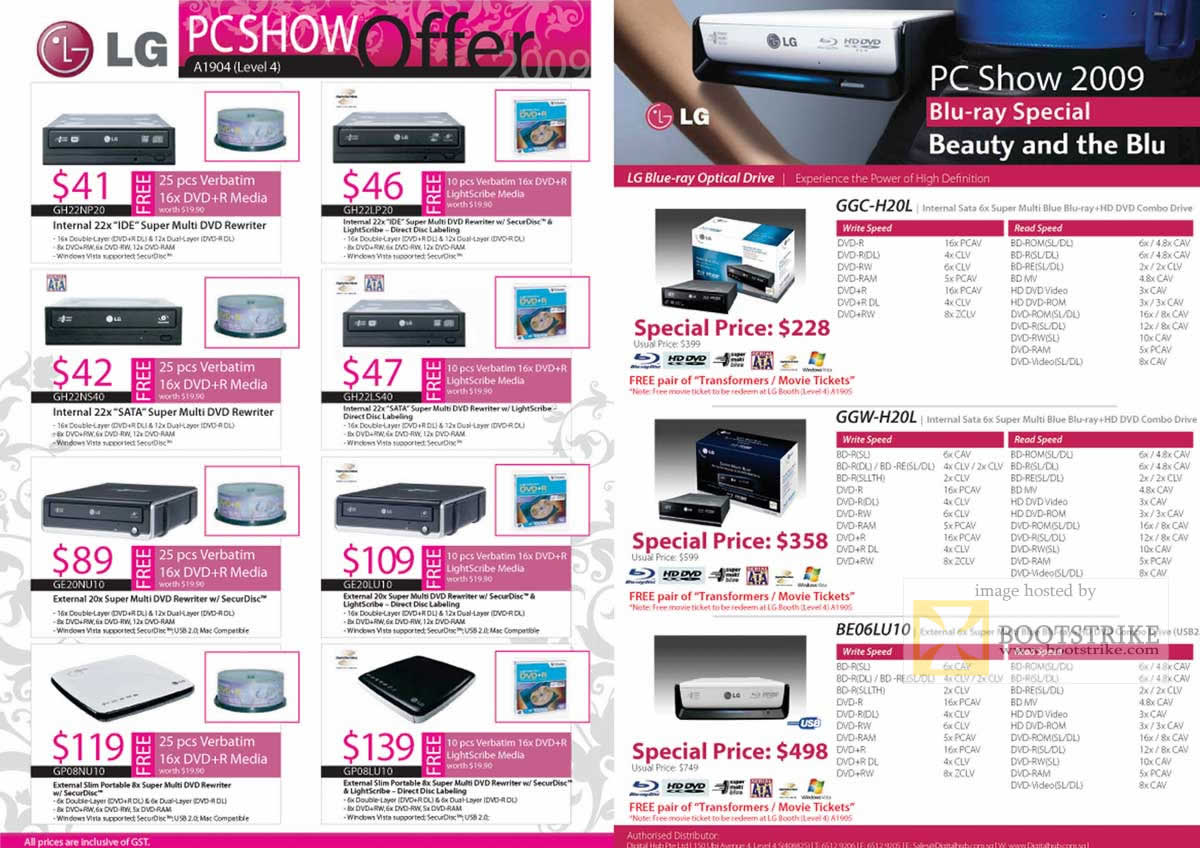 PC Show 2009 price list image brochure of LG Super Multi Blue Blu-Ray HD DVD SecurDisc LightScribe Internal External Slim Portable Drives